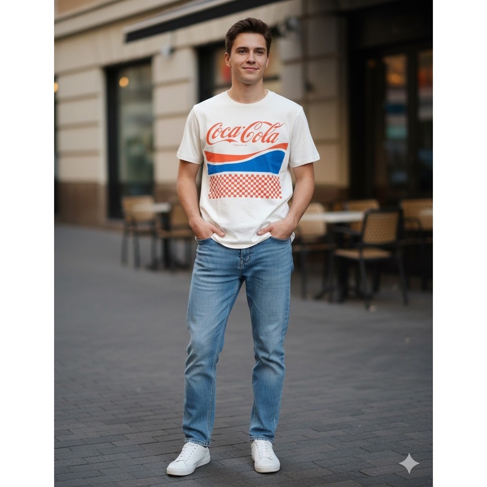 Coca Cola Coke T-SHIRT Retro checkered Mens sz Med 36"‎ Logo Tee White Red Blue